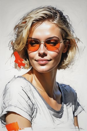 Masterpiece, best quality, dreamwave, aesthetic, 1woman, open look, (looking into the eyes), smiling charmingly sexy, short blonde hair, bob hairstyle,  t-shirt,  sketch, lineart, pencil, white background, portrait by Nikolay Alexanov, Style by Nikolay Feshin, artistic oil painting stick,charcoal \(medium\),