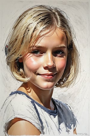 Masterpiece, best quality, dreamwave, aesthetic, 1girl-chield 9 years old, open look, (looking into the eyes), smiling charmingly sexy, short blonde hair, bob hairstyle,  t-shirt,  sketch, lineart, pencil, white background, portrait by Nikolay Alexanov, Style by Nikolay Feshin, artistic oil painting stick,charcoal \(medium\),