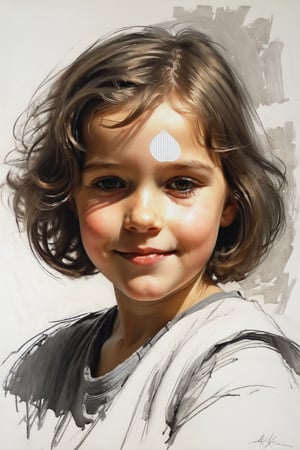 Masterpiece, highest quality, extreme clarity, dreamwave, aesthetic, portrait: girl-childrend 2 years old, open look (looks into the eyes), smiling charming , short brown hair, sketch, ruler, pencil, white background, portrait of Alexanov, Style of Nikolai Feshin, art oil painting, charcoal \ (medium \