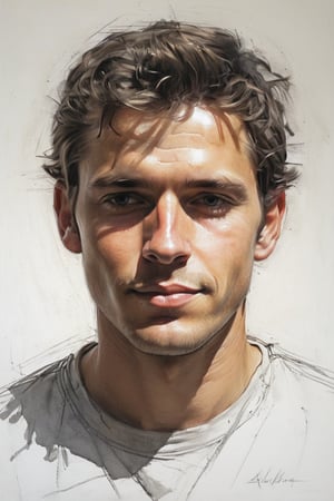 Masterpiece, best quality, dreamwave, aesthetic, portrait: ((1 husband 29 years old and 1boy- chield 2 years old)), open look, (looking into the eyes), t-shirt, smiling charmingly, short brown hair, sketch, lineart, pencil, white background, portrait by Alexanov, Style by Nikolay Feshin, artistic oil painting stick,charcoal \(medium\),