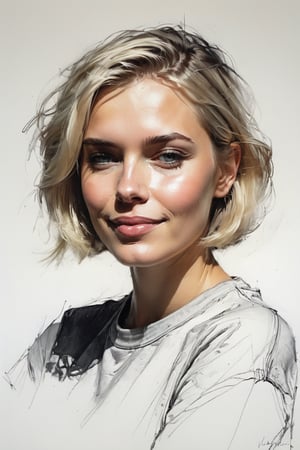 Masterpiece, best quality, dreamwave, aesthetic, 1girl, open look, (looking into the eyes), smiling charmingly sexy, short blonde hair, bob hairstyle,  t-shirt,  sketch, lineart, pencil, white background, portrait by Nikolay Alexanov, Style by Nikolay Feshin, artistic oil painting stick,charcoal \(medium\),