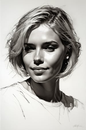 Masterpiece, best quality, dreamwave, aesthetic, 1girl, open look, (looking into the eyes), smiling charmingly sexy, short blonde hair, bob hairstyle,  t-shirt,  sketch, lineart, pencil, white background, portrait by Nikolay Alexanov, Style by Nikolay Feshin, artistic oil painting stick,charcoal \(medium\),