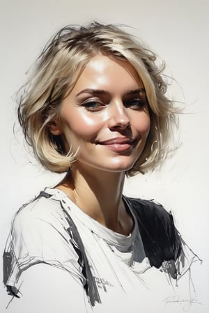 Masterpiece, best quality, dreamwave, aesthetic, 1woman, open look, (looking into the eyes), smiling charmingly sexy, short blonde hair, bob hairstyle,  t-shirt,  sketch, lineart, pencil, white background, portrait by Nikolay Alexanov, Style by Nikolay Feshin, artistic oil painting stick,charcoal \(medium\),