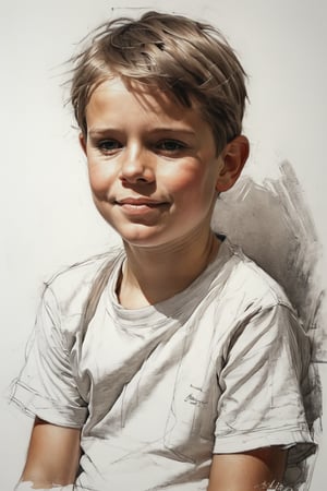 Masterpiece, best quality, dreamwave, aesthetic, portrait: ((1 husband 29 years old and 1boy- chield 2 years old)), open look, (looking into the eyes), t-shirt, smiling charmingly, short brown hair, sketch, lineart, pencil, white background, portrait by Alexanov, Style by Nikolay Feshin, artistic oil painting stick,charcoal \(medium\),