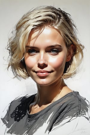 Masterpiece, best quality, dreamwave, aesthetic, 1girl, open look, (looking into the eyes), smiling charmingly sexy, short blonde hair, bob hairstyle,  t-shirt,  sketch, lineart, pencil, white background, portrait by Nikolay Alexanov, Style by Nikolay Feshin, artistic oil painting stick,charcoal \(medium\),