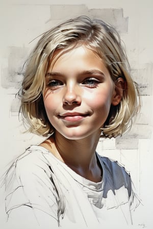 Masterpiece, best quality, dreamwave, aesthetic, 1girl-chield 9 years old, open look, (looking into the eyes), smiling charmingly sexy, short blonde hair, bob hairstyle,  t-shirt,  sketch, lineart, pencil, white background, portrait by Nikolay Alexanov, Style by Nikolay Feshin, artistic oil painting stick,charcoal \(medium\),