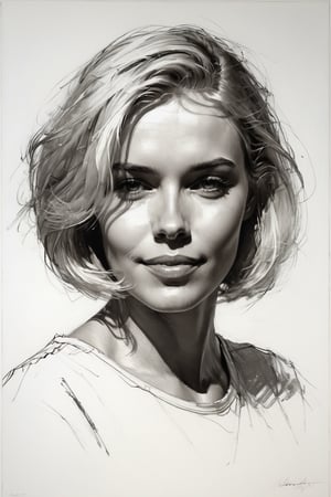 Masterpiece, best quality, dreamwave, aesthetic, 1woman, open look, (looking into the eyes), smiling charmingly sexy, short blonde hair, bob hairstyle,  t-shirt,  sketch, lineart, pencil, white background, portrait by Nikolay Alexanov, Style by Nikolay Feshin, artistic oil painting stick,charcoal \(medium\),