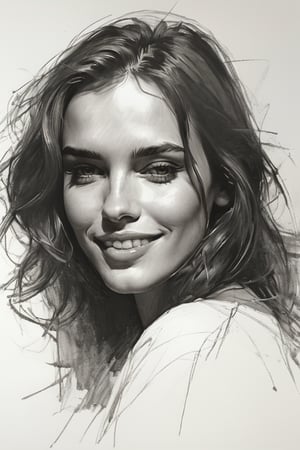 Masterpiece, best quality, dreamwave, aesthetic, 1woman, open look, (looking into the eyes), smiling charmingly sexy, sketch, lineart, pencil, white background, portrait by Alizee, Style by Nikolay Feshin, artistic oil painting stick,charcoal \(medium\),