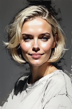 Masterpiece, best quality, dreamwave, aesthetic, 1woman, open look, (looking into the eyes), smiling charmingly sexy, short blonde hair, bob hairstyle,  t-shirt,  sketch, lineart, pencil, white background, portrait by Nikolay Alexanov, Style by Nikolay Feshin, artistic oil painting stick,charcoal \(medium\),