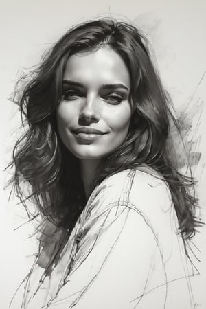 Masterpiece, best quality, dreamwave, aesthetic, 1woman, open look, (looking into the eyes), smiling charmingly sexy, free field of sheet, sketch, lineart, pencil, white background, portrait by Alizee, Style by Nikolay Feshin, artistic oil painting stick,charcoal \(medium\),