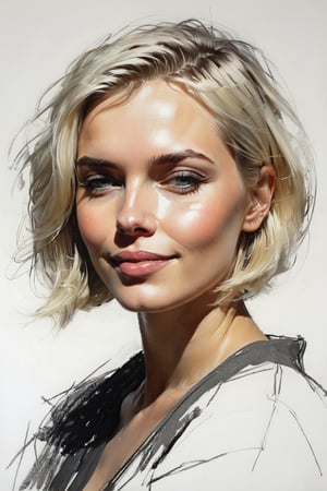 Masterpiece, best quality, dreamwave, aesthetic, 1woman, open look, (looking into the eyes), smiling charmingly sexy, short blonde hair, bob hairstyle,   sketch, lineart, pencil, white background, portrait by Nikolay Alexanov, Style by Nikolay Feshin, artistic oil painting stick,charcoal \(medium\),