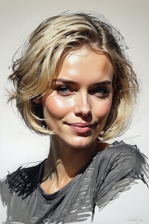 Masterpiece, best quality, dreamwave, aesthetic, 1woman, open look, (looking into the eyes), smiling charmingly sexy, short blonde hair, bob hairstyle,  t-shirt,  sketch, lineart, pencil, white background, portrait by Nikolay Alexanov, Style by Nikolay Feshin, artistic oil painting stick,charcoal \(medium\),