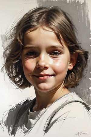 Masterpiece, highest quality, extreme clarity, dreamwave, aesthetic, portrait: girl-childrend 2 years old, open look (looks into the eyes), smiling charming , short brown hair, sketch, ruler, pencil, white background, portrait of Alexanov, Style of Nikolai Feshin, art oil painting, charcoal \ (medium \