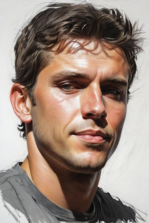 Masterpiece, best quality, dreamwave, aesthetic, portrait: 1 husband 29 years old and 1boy- chield 2 years old, open look, (looking into the eyes), t-shirt grey, smiling charmingly, short brown hair, sketch, lineart, pencil, white background, portrait by Alexanov, Style by Nikolay Feshin, artistic oil painting stick,charcoal \(medium\),