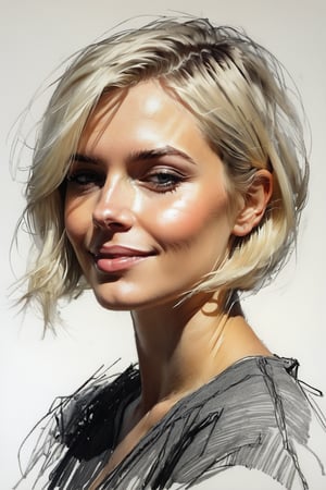 Masterpiece, best quality, dreamwave, aesthetic, 1woman, open look, (looking into the eyes), smiling charmingly sexy, short blonde hair, bob hairstyle,   sketch, lineart, pencil, white background, portrait by Nikolay Alexanov, Style by Nikolay Feshin, artistic oil painting stick,charcoal \(medium\),