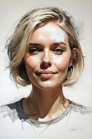 Masterpiece, best quality, dreamwave, aesthetic, 1woman, open look, (looking into the eyes), smiling charmingly sexy, short blonde hair, bob hairstyle,  t-shirt,  sketch, lineart, pencil, white background, portrait by Nikolay Alexanov, Style by Nikolay Feshin, artistic oil painting stick,charcoal \(medium\),