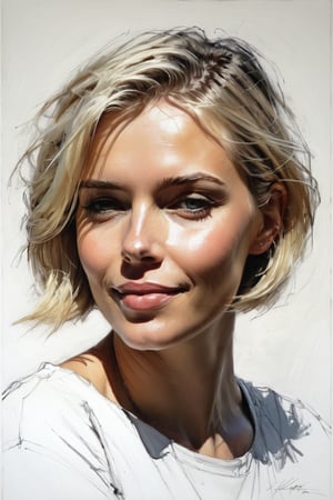 Masterpiece, best quality, dreamwave, aesthetic, 1woman, open look, (looking into the eyes), smiling charmingly sexy, short blonde hair, bob hairstyle,  t-shirt,  sketch, lineart, pencil, white background, portrait by Nikolay Alexanov, Style by Nikolay Feshin, artistic oil painting stick,charcoal \(medium\),