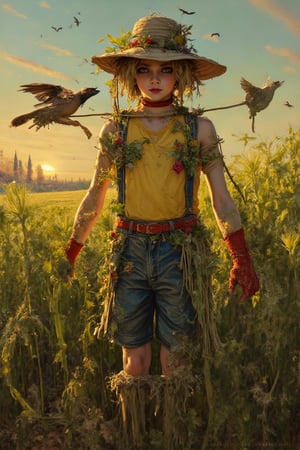 Supernatural Portrait, Masterpiece, Fantasy, Oil Painting, Painting), Highly detailed and exquisite details: 1.4, Upper body mid-shot, in the center of the frame is a young boy dressed as a scarecrow, surrounded by a large green barley field. Made of dry branches, flowers and rags, the scarecrow has a blank expression and a determined smoky makeup, and wears an old, worn-out wide-brimmed straw hat pulled down just below her eyebrows. he wears a vividly colored pearl yellow top and deep blue shorts, and has red velvet gloves, his arms are outstretched to the side, and two crows are depicted in great detail on her arms. There is a sunset and natural light in the background. The subject's features are highly detailed and anatomically correct, and the vividly colored subject is set against a random natural background. Every texture, every realistic skin, every wrinkle, every hair is rendered in 8k resolution with realistic painting quality, inviting the viewer into this dreamlike world