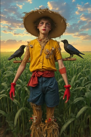 Supernatural Portrait, Masterpiece, Fantasy, Oil Painting, Painting), Highly detailed and exquisite details: 1.4, Upper body mid-shot, in the center of the frame is a young boy dressed as a scarecrow, surrounded by a large green barley field. Made of dry branches, flowers and rags, the scarecrow has a blank expression and a determined smoky makeup, and wears an old, worn-out wide-brimmed straw hat pulled down just below her eyebrows. he wears a vividly colored pearl yellow top and deep blue shorts, and has red velvet gloves, his arms are outstretched to the side, and two crows are depicted in great detail on her arms. There is a sunset and natural light in the background. The subject's features are highly detailed and anatomically correct, and the vividly colored subject is set against a random natural background. Every texture, every realistic skin, every wrinkle, every hair is rendered in 8k resolution with realistic painting quality, inviting the viewer into this dreamlike world