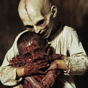 a demonic headless child holds a savered boy's head in his hands. 