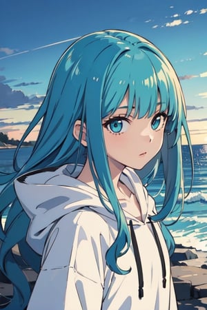 1girl, solo, bangs, blunt_bangs, 
sky_blue_hair, fertilization, aqua_eyes, long_hair, hoodi, looking_at_viewer,  wavy_hair, 