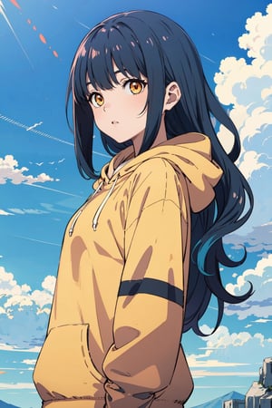 1girl, solo, bangs, blunt_bangs, 
sky_blue_hair, fertilization, orange_eyes, long_hair,  looking_at_viewer, wavy_hair, hoody