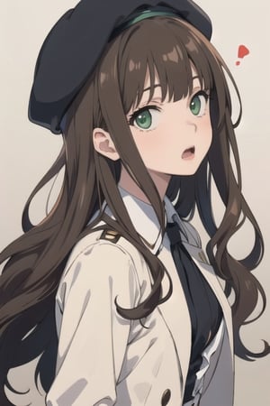 1girl,solo.  bangs, beret, brown_headwear, blunt_bangs, brown_hair, fertilization, green_eyes,long_hair, looking_at_viewer, open_mouth, wavy_hair, 