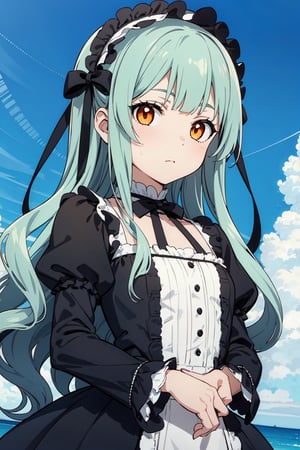 1girl, solo, bangs, blunt_bangs, 
sky_blue_hair, fertilization, orange_eyes, long_hair,  looking_at_viewer, wavy_hair, Gothic and Lolita