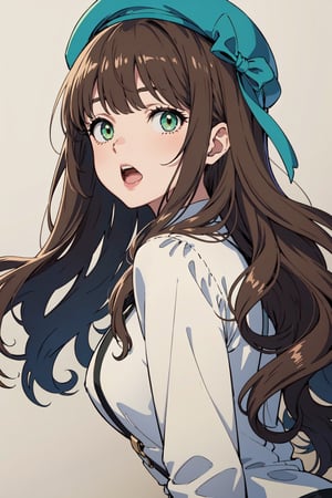 1girl,solo.  bangs, beret, brown_headwear, blunt_bangs, brown_hair, fertilization, green_eyes,long_hair, looking_at_viewer, open_mouth, wavy_hair