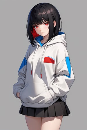 1girl, red_eyes, blue_eyes, heterochromia, black_hair, Blunt_bangs, full_body, simple_background, hoody, looking_at_viewer