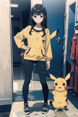 1girl, black_hair, Blunt_bangs, full_body, cosplay pikachu