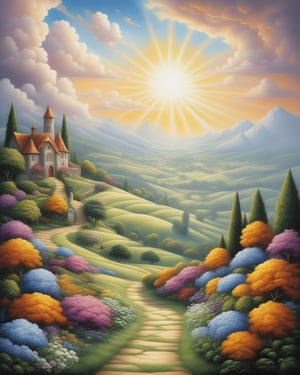 Anne Stokes style, Garden, sunny day rolling hills, cumulus clouds sky, sun light,  fantasy, whimsical