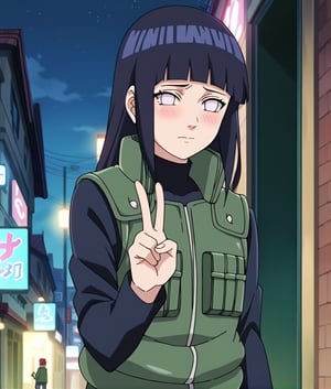 1girl,blush,solo,Hinata Hyuga,long hair,blunt bangs,dark blue hair,light eyes,green jonin vest,turtle neck,garter ring,v,hand up,night city,medium shot,Anime_screencap,fake_screenshot,score_9,score_8_up, score_7_up, score_6_up, score_5_up,score_4_up,source_anime,fine anime screencap,style parody,official style,anime coloring