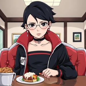 1girl,solo,beatiful girl,blushing,Sarada Uchiha,black hair,short hair,black eyes,glasses,earrings,choker,open jacket,konohagakure symbol,strapless,across table pov,date,date pov,sitting,food on table,restaurant background,red armchair,Anime_screencap,fake_screenshot,score_9,score_8_up,score_7_up, score_6_up, score_5_up,score_4_up,source_anime,fine anime screencap,style parody,official style,anime coloring