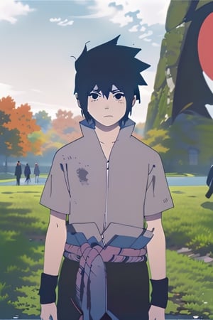 omori,Sasuke Uchiha, black hair, spiky hair, black eyes, gray shirt with short sleeves,(Omori Art Style:1),omori style
