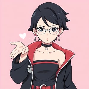 1girl,solo,looking at viewer,Sarada Uchiha,black hair,short hair,black eyes,glasses,earrings,choker,open jacket, konohagakure symbol,strapless,red belt,medium shot,hand up,blowing kiss,heart,blushing,pink background,Anime_screencap,fake_screenshot,score_9,score_8_up,score_7_up, score_6_up, score_5_up,score_4_up,source_anime,fine anime screencap,style parody,official style,anime coloring