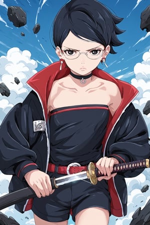 1girl,serious face,Sarada Uchiha,black hair,short hair,black eyes,glasses,earrings,choker,open jacket,konohagakure symbol,strapless,red belt,black shorts,medium shot,holding katana:0.8,holding sword unsheathing,blue sky,fluffy clouds,debris in the air,Anime_screencap,fake_screenshot,score_9,score_8_up,score_7_up, score_6_up, score_5_up,score_4_up,source_anime,fine anime screencap,style parody,official style,anime coloring,highres