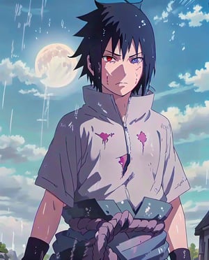 (anime screencap:1.2),Sasuke Uchiha,front,serious,black hair,(heterochromia:1.1),(sharingan in the left eye),(rinnegan in the right eye),left eye red, right eye purple,black hair, spicky hair,gray shirt with short sleeves,purple belt,skirt,(chidori),((electrokinesis:1.2)),((masterpiece)), ((best quality)), ((intricate)), ((raining)),((full moon)),((red Sky)),((big clouds)),((clouds covering the moon:1)),((looking at viewer)), (expressionless), (closed mouth), (((dark night))),flat color,anime style,2D, (highest resolution:1.2), (full quality), (Extremely beautiful and detailed:1.2), (8k, 4k, 2k), extremely detailed,finely detail, masterpiece, best quality, official art,blood on face