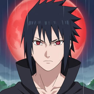 score_9,score_8,score_7,score_6,score_5,score_4,source_anime,(anime screencap:1.2),Sasuke Uchiha,(Black Cloak:1.2), ninja, cloak, black hair, red eyes,eternal mangekyou sharingan eyes,symbol-shaped pupils,black hair, spicky hair,red eyes,raining,red moon,red sky,looking at viewer,closed mouth,upper body