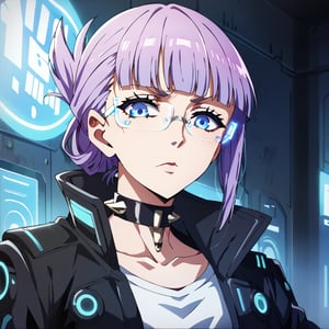 1girl,solo,upper body,looking at viewer,dark purple hair,blunt bangs,folded ponytail,blue eyes,glasses,futuristic glasses,cyberpunk glasses:1,led glasses,science fiction,english text,hologram,choker,collar,spikes,spiked collar,black jacket,blue background,aesthetic,aesthetic atmosphere,pink contrast,neon lights,Anime_screencap,fake_screenshot,score_9,score_8_up,score_7_up, score_6_up, score_5_up,score_4_up,source_anime,fine anime screencap,style parody,official style,anime coloring