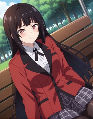 1girl,solo,sitting on a park bench,sitting,blush,looking at viewer,dutch angle,jabami yumeko,long hair,hime cut,black hair,red eyes,school uniform,red jacket,long sleeves,white shirt,black ribbon,black skirt,plaid skirt, black pantyhose,anime_screencap,fake_screenshot,score_9,score_8_up, score_7_up, score_6_up, score_5_up,score_4_up,source_anime,fine anime screencap,style parody,official style,anime coloring