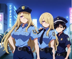 ((2girl)),multiple,long hair,dark blonde,very long hair,hair covering one eye,brown eyes,police girl,sexy police uniform,police hat,utility belt,black shorts,sexy top,expressive,happy,blushing,BREAK,short hair,black hair,purple eyes,police girl,city steet,sexy pose,
,police car,street,night,neon lights,recharged in a police car,anime_screencap,fake_screenshot,score_9,score_8_up, score_7_up, score_6_up, score_5_up,score_4_up,source_anime,fine anime screencap,style parody,official style,Visual Anime,anime coloring
