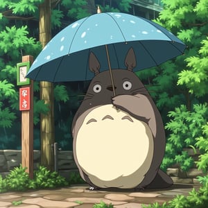 This is a digital illustration depicting a whimsical scene inspired by the anime "My Neighbor Totoro." The central character is Totoro, a large, fluffy, and round creature with a white belly, grayish-brown fur, and black, bunny-like ears. He stands under a large, light blue umbrella, holding it with one hand while the other rests on his belly. Totoro's expression is calm and gentle, with large, expressive eyes and a small, round nose.

In the background, there is lush, green foliage, indicating a forest or garden setting. The leaves are painted in rich, vibrant greens, creating a sense of depth and texture. The ground is wet, suggesting a recent rain, with raindrops visible on the umbrella and the foliage. To the left of Totoro, there is a wooden signpost with a red and white sign, indicating a path or direction. The overall color palette is dominated by earthy tones of green, brown, and blue, with soft, pastel hues that give the scene a dreamlike quality. The style is reminiscent of traditional Japanese animation, characterized by its soft, gentle lines and vibrant, yet muted colors,egmid