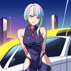 score_9,Source_anime,1girl,cyborg girl, blue hair, medium short hair, yellow eyes, medium breasts, smile, looking at viewer, Cyberpunk city, flying cars ,cyborg style, in the style of esao andrews,lucy \(cyberpunk\)