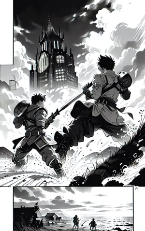 (manga page),Grayscale,Monochromatic,manga, fight,2boys,epic fight,fantasy landscape grayscale,Big clouds ,battlefield,sword,8k,highquality,Extremely detailed,Beautiful landscape,old construction 