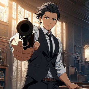 1man, black eyes,black spiky hair,black eyes,((White shirt sleeves rolled up)),gray waistcoat,black tie,shoulder strap,tactical shoulder strap,dark gray pants,holding a gun,pointing gun in front,Looking at viewer,(anime screencap),(wallpaper:1.2),(dynamic light),(masterpiece:1.331), (highest resolution:1.2), (full quality), (Extremely beautiful and detailed:1.2), (8k, 4k, 2k), extremely detailed, CG, unity,finely detail, masterpiece, best quality, official art, extremely detailed CG unity 8k,gunatyou