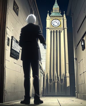 Fullmetal Alchemist Style,focus boy,anime screenshot,1boy,Short and spiky hair,White hair,white skin,red eyes,white trench coat,black pants,Chain watch hanging from pants ,black shoes,Night,((Behind him there is a clock tower)),Big Ben Tower,clock tower Landscape,8k,Very detailed,extremely detailed,High Quality,Best Quality,Full Quality,Full HD,Masterpiece,Perfect lineart,((Everything extremely detailed and perfect)),cinematographic image,cinematographic anime