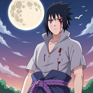 score_9,score_8,score_7,score_6,score_5,score_4,source_anime,american shot,Sasuke Uchiha,front,look of contempt,black hair,heterochromia,sharingan in the left eye,rinnegan in the right eye,black hair, spicky hair,gray shirt with short sleeves,purple belt,purple skirt,chidori,electrokinesis,full moon,red Sky,big clouds,clouds covering the moon,looking at viewer,expressionless,closed mouth,dark night,blood on face,flying crows,BREAK