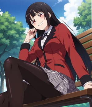 1girl,solo,sitting on a park bench,sitting,smile,blush,looking at viewer,dutch angle,from below,jabami yumeko,long hair,hime cut,black hair,red eyes,school uniform,red jacket,long sleeves,white shirt,black ribbon,black skirt,plaid skirt, black pantyhose,anime_screencap,fake_screenshot,score_9,score_8_up, score_7_up, score_6_up, score_5_up,score_4_up,source_anime,fine anime screencap,style parody,official style,anime coloring