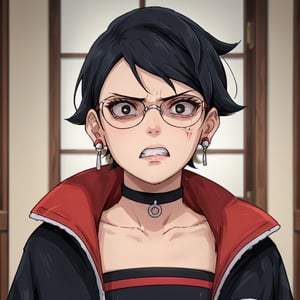 Sarada Uchiha,black hair,short hair,black eyes,glasses,earrings,choker,open jacket,upper body,disgusted face,shaded face,Anime_screencap,fake_screenshot,score_9,score_8_up,score_7_up, score_6_up, score_5_up,score_4_up,source_anime,fine anime screencap,style parody,official style,anime coloring